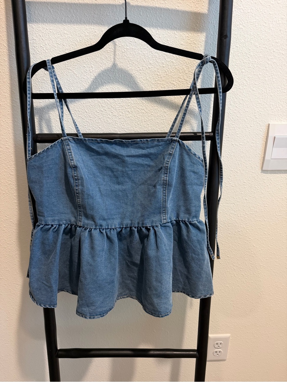 SHEIN Light Blue Denim Tie-Strap Peplum Top